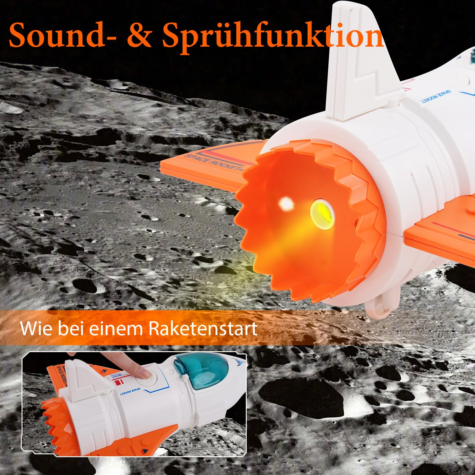 Space Shuttle Missione Spaziale Razzo Giocattolo, astronave arancione con suono, 3 figure di astronauti, cabina di pilotaggio incernierata, marmitta spray, regalo di compleanno per bambini