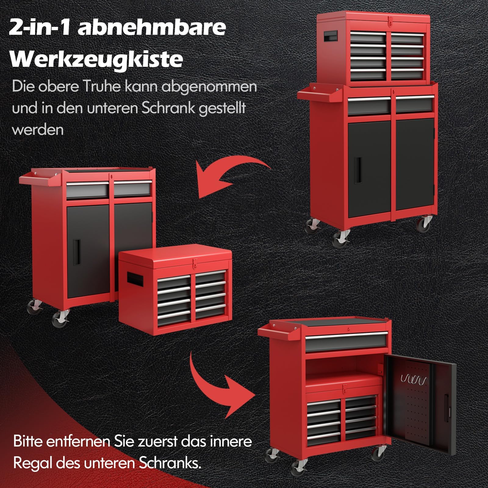 FANTASK Carrello da officina con serratura su ruote, carrello degli attrezzi professionale 2 in 1, con valigetta, 8 scomparti, ganci e ripiano regolabile, 59 x 28 x 102 cm (rosso)