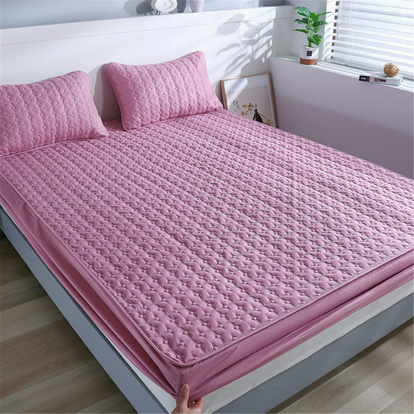 Protector Colchón, Protector de colchón Acolchado con Triple Relleno, Funda Colchon de Rizo Transpirable y Hipoalergénico, Antiácaros (Rosa Roja,Grueso 200x220cm)