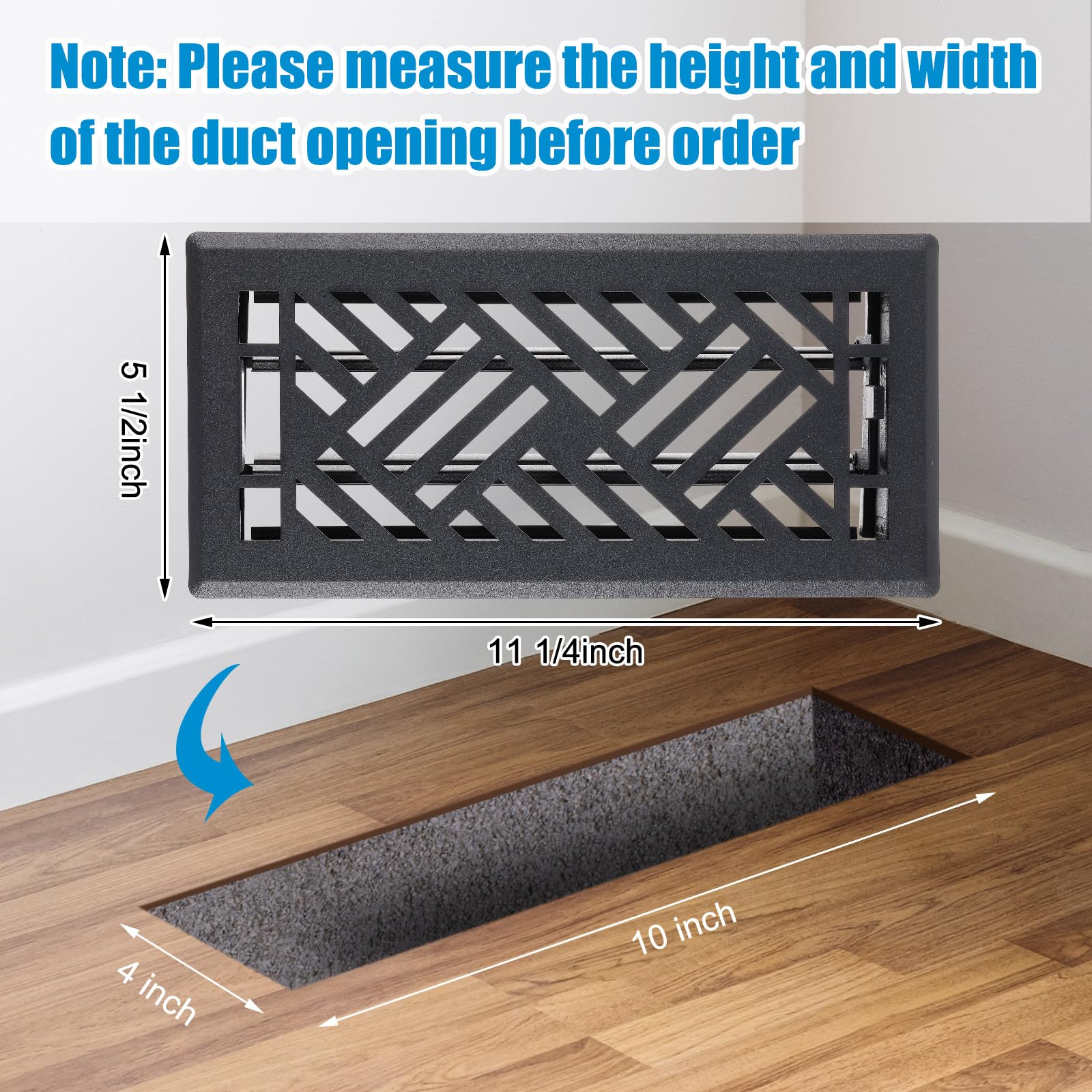 Blulu 2 Pack Floor Register 4" X 10" Black Vent Covers, Heavy Duty Walkable Steel Floor Vent Covers, Diagonal Pattern For Easy Air Flow, Adjustment Damper Rust Proof Finish For Home Decor - View #8