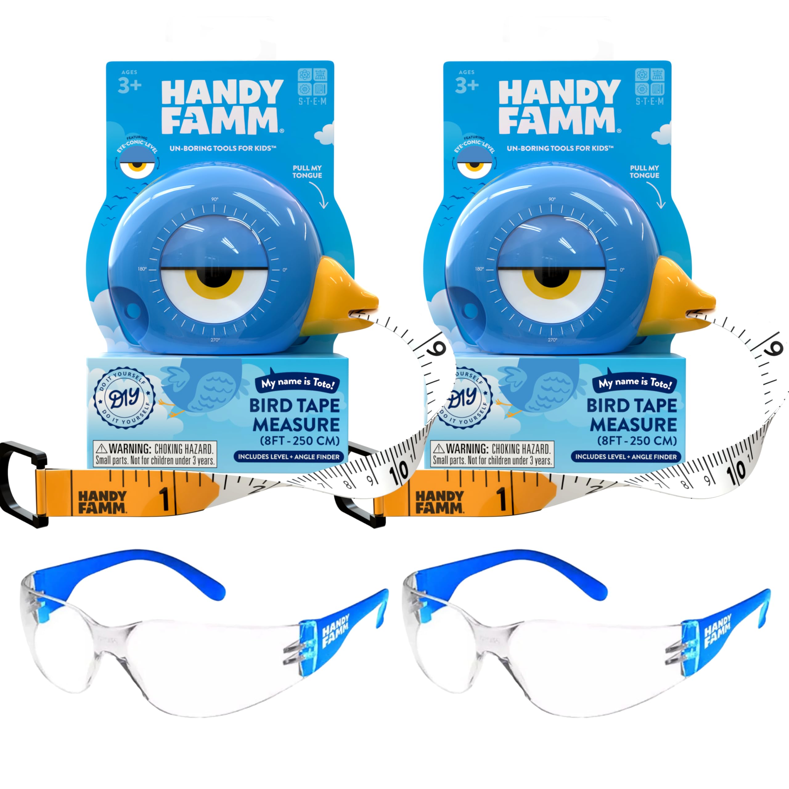 Handy Famm Blue Measuring Tape and Safety Glasses Double Bundle, 2 Lightweight Scratch Resistant Protective Eyewear for Children and 2 8Ft Animal