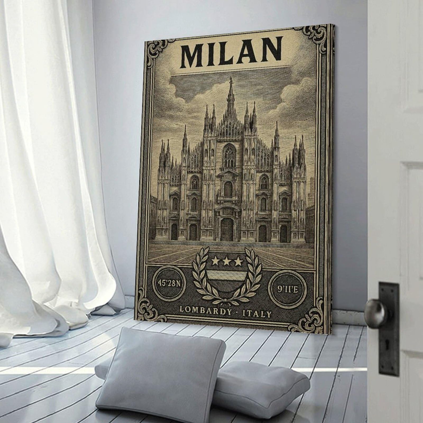 Junmoney Frame-Style-21 Milan Cathedral Vintage Travel Wall Decor Canvas Print 08X12inch(20X30cm), For Study, Office Or Apartment Decor, A Wall Art Gift For Fresh Interiors