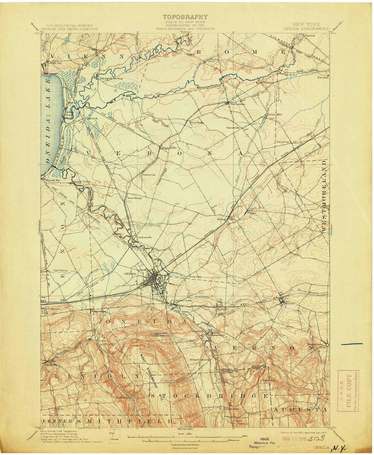 YellowMaps Oneida NY topo map, 1:62500 Scale, 15 X 15 Minute, Historical, 1902, Updated 1913, 20.2 x 16.6 in