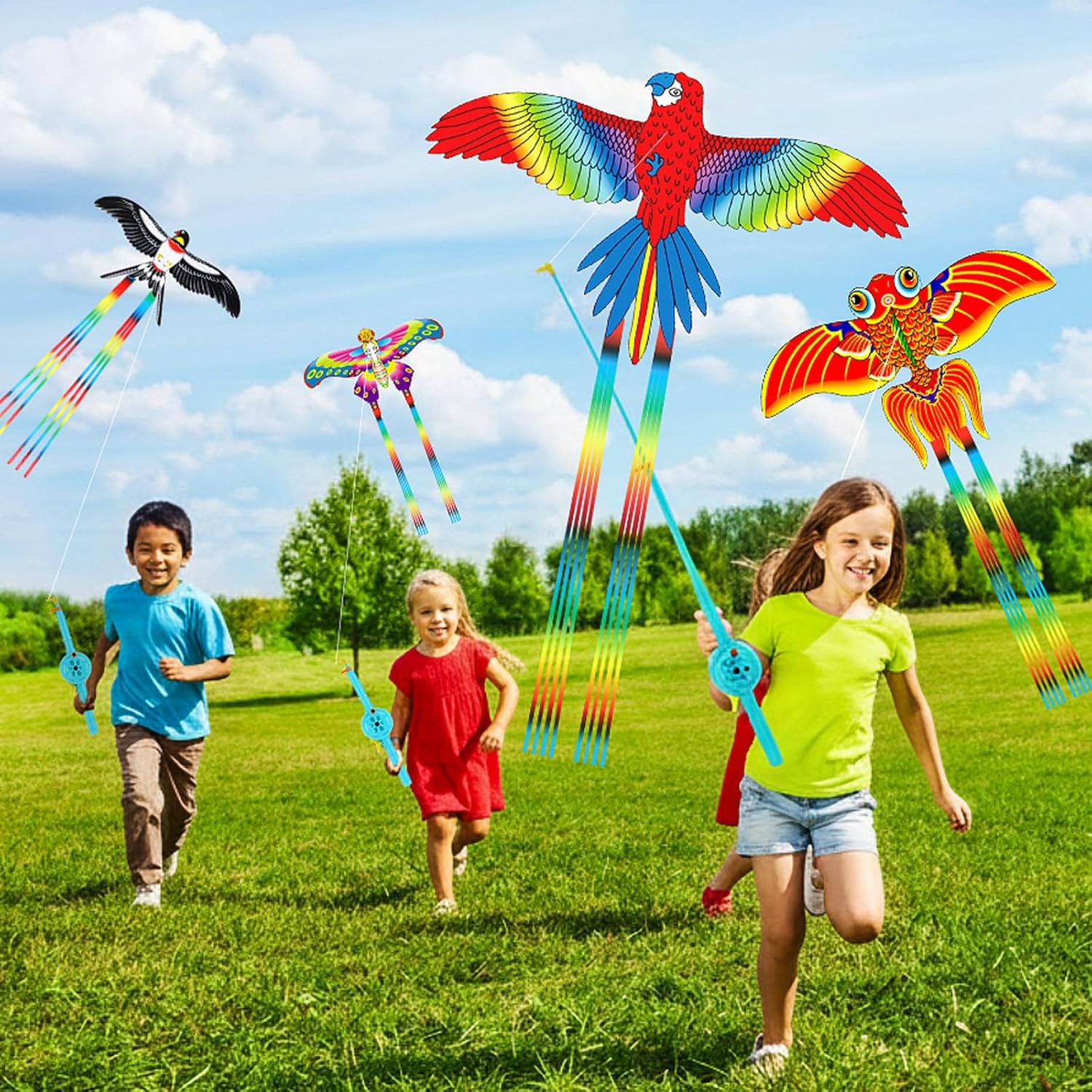10 Pcs Fishing Rod Kite for Kids, Vivid Butterfly Swallow Parrot, Easy to Fly, Swallows, Bald Eagles, Magpies Kites for Family Adults Spring Outdoor Beach