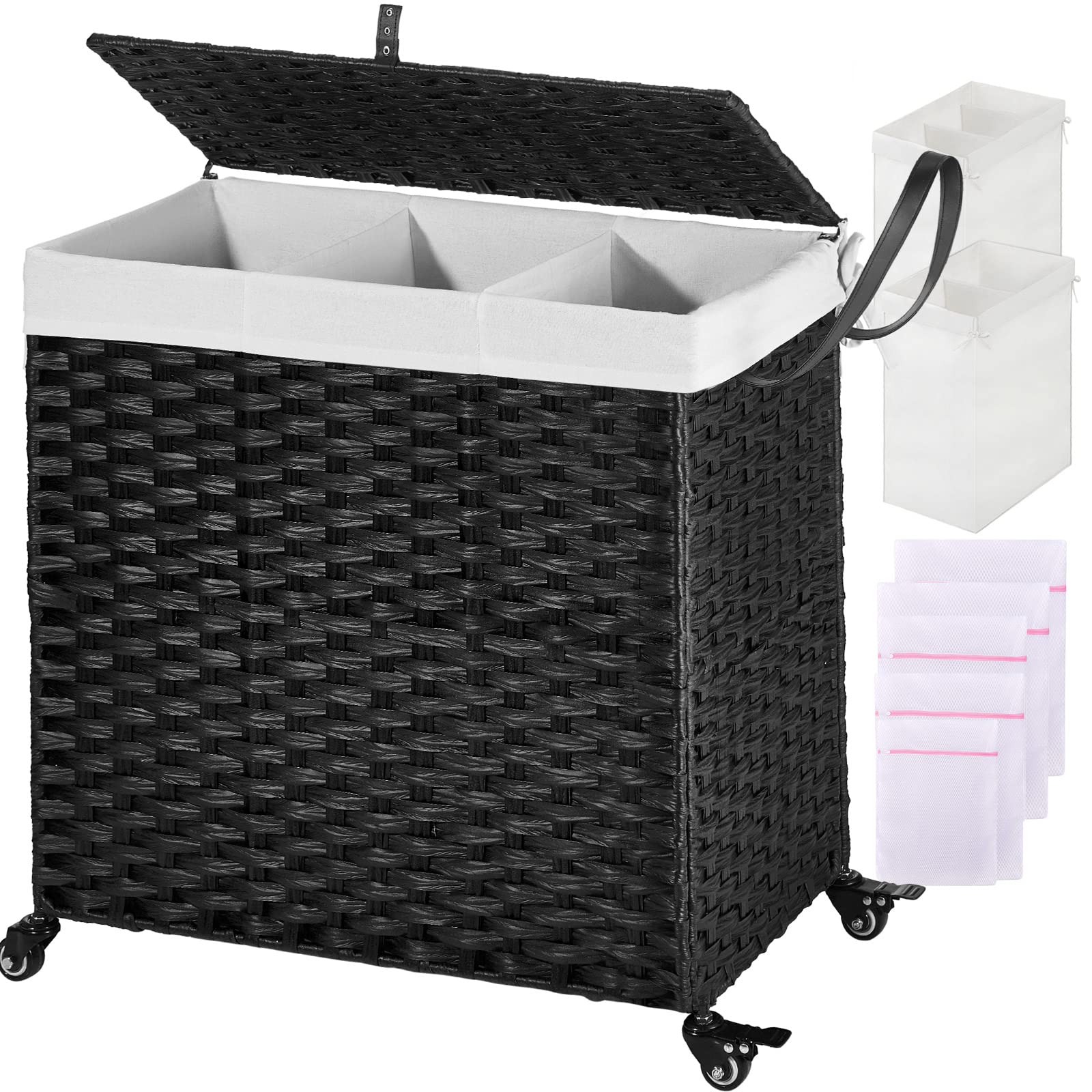 Greenstell Laundry Hamper with Wheels&Lid, 125L Large 3 Sections