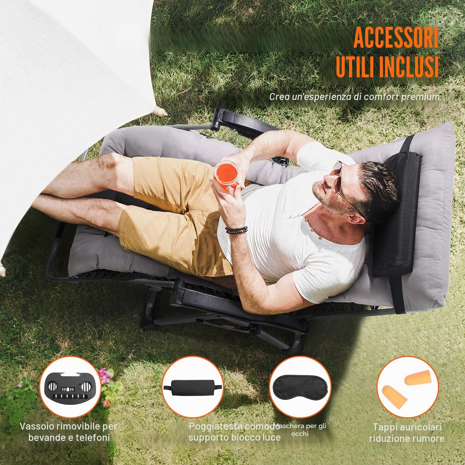 VEVOR Poltrona Relax a Gravità Zero Reclinabile 825 mm, Lettino Relax da Giardino Cortile, Lettino Antigravità Regolabile con Cuscino, Poggiatesta, Poggiapiedi, Portabicchieri Carico 226,8 kg Grigio