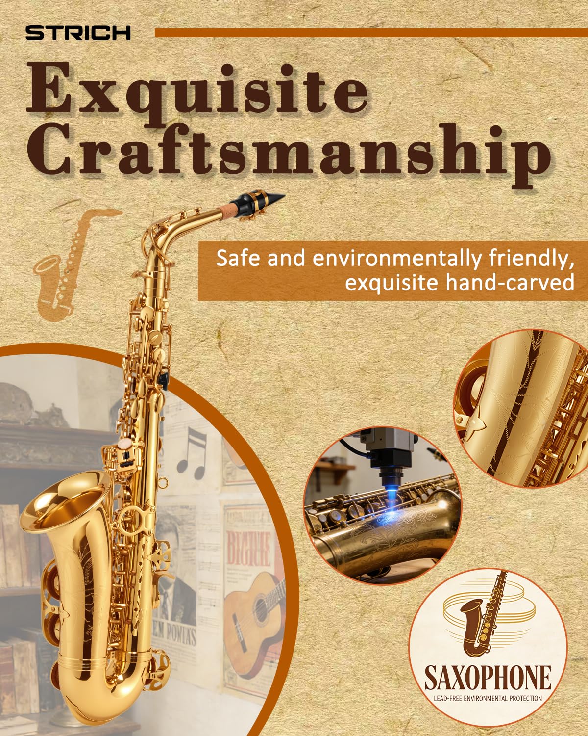 STRICH Kit de saxophone alto en cuivre pour débutants, comprenant une sangle de cou, un bec et des anches, destiné à la pratique à la maison et aux orchestres scolaires, SSA-31