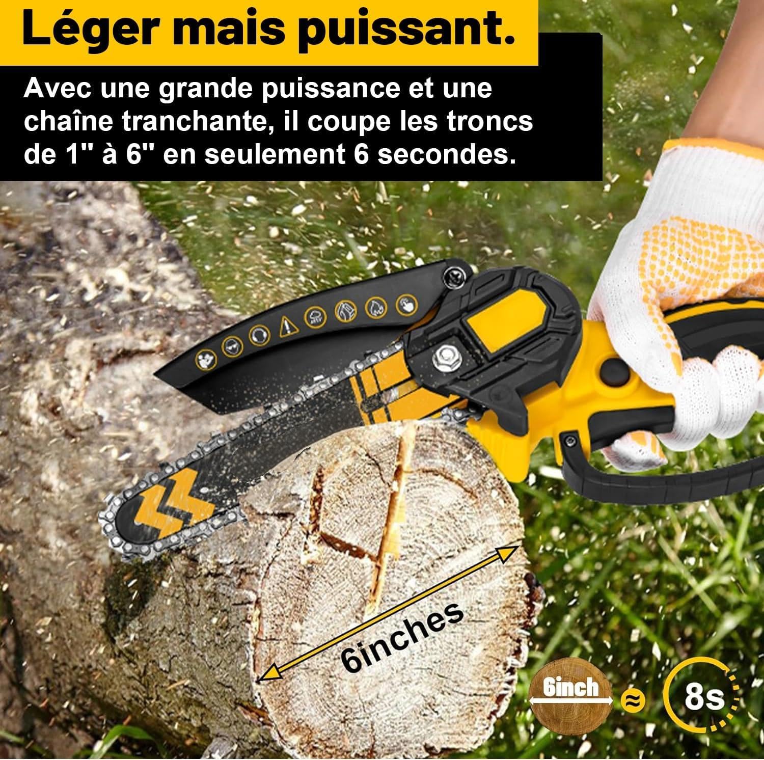Mini Tronçonneuse à Batterie 6 Pouces, Tronçonneuse sur batterie avec moteur sans balais de 1000 W,Tronçonneuse Électrique Livré avec 2 batteries et 2 chaînes,Idéale pour coupe du bois et jardinage.