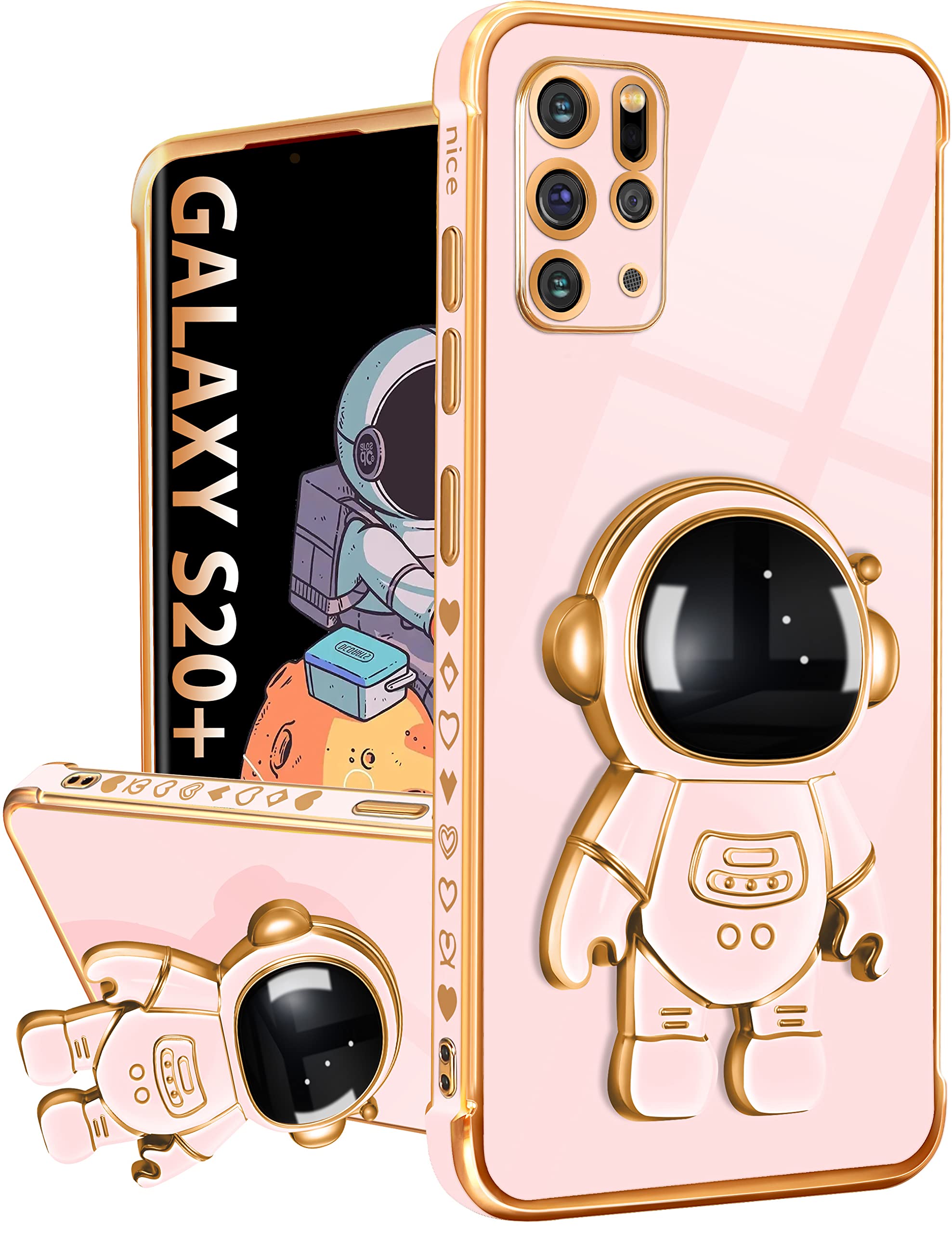 Buleensfor Galaxy S20 Plus Case, Cute Heart Pattern 6D Gold Plating Astronaut Hidden Stand Cases for Samsung Galaxy S20 Plus Case 6.7 Inch