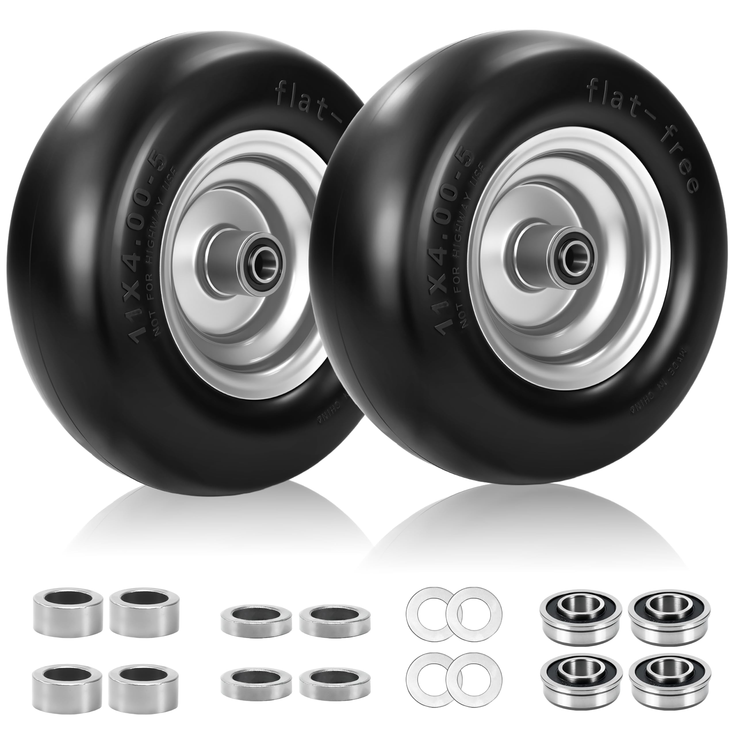 2Pcs 11x4.00-5 Flat Free Lawn Mower Tires and Wheel, For Zero Turn Mowers