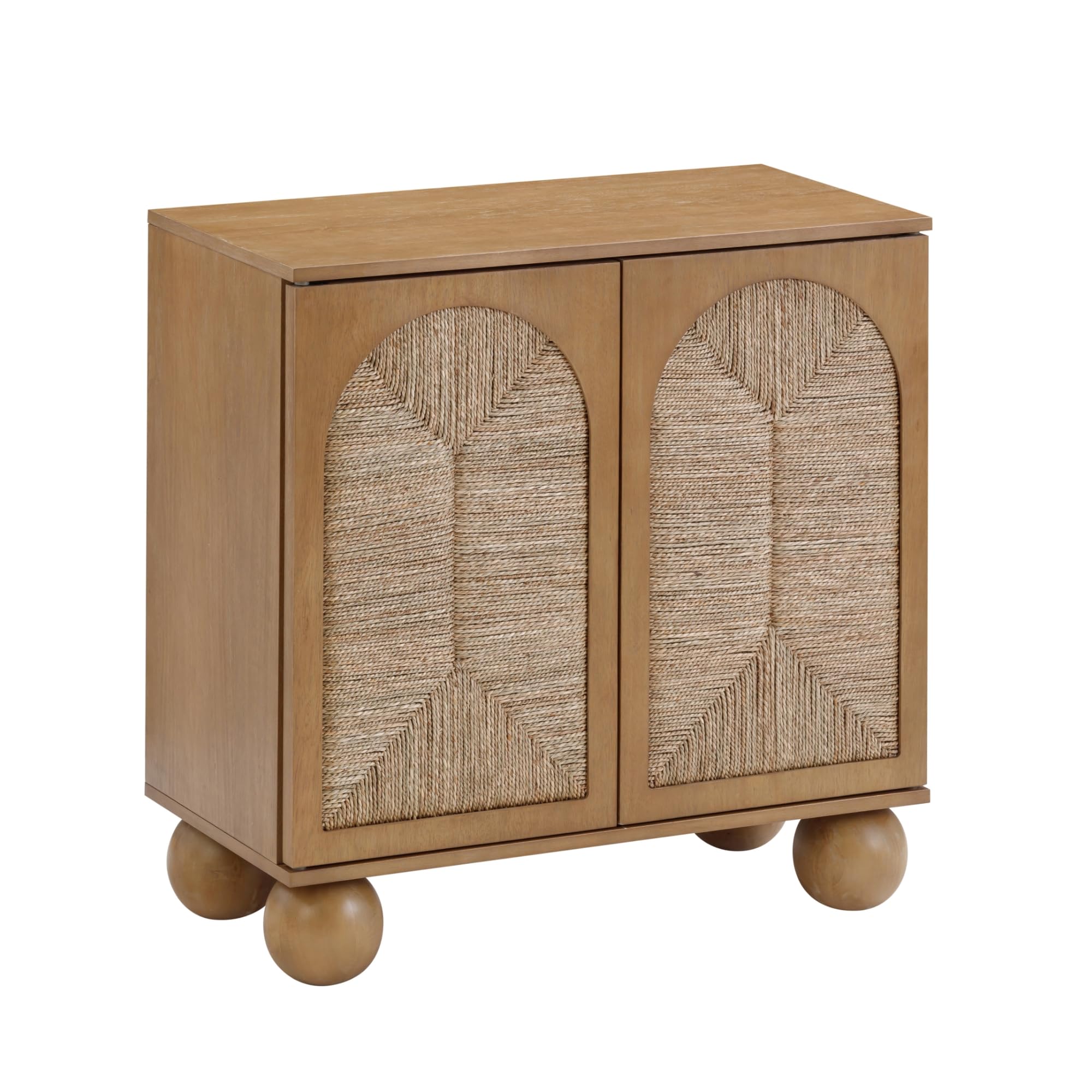 Condition photo showing New/Like New for Nathan James Leah Boho Entryway Storage Cabinet or Sideboard Cabinet for Kitchen or Living Room with Ball-Style Feet, Natural Seagrass Door Fronts and Solid Wood Legs, Light Brown