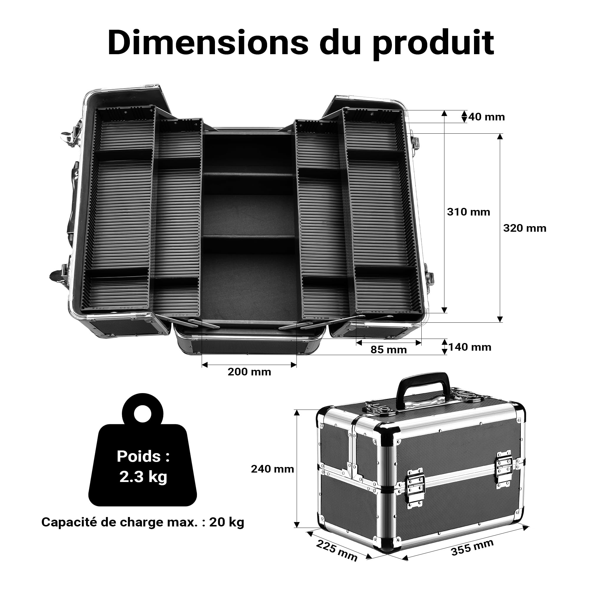 Wiltec Boîte à outils – 35,5 x 24 x 22,5 cm – Mallette universelle polyvalente – en ABS, PP, Acier et Aluminium – Porte-outils avec Poignée de transport – Garage Atelier