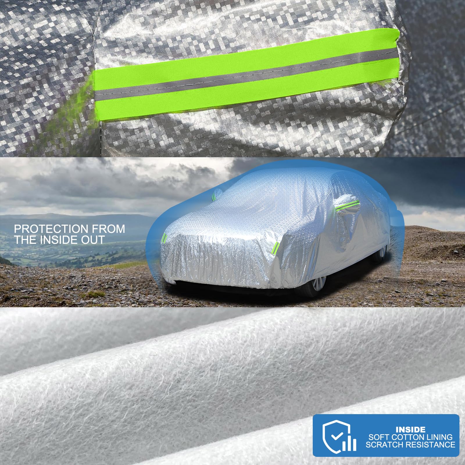 universale Autoschutzhülle, Auto Abdeckplane Wasserdicht Autoabdeckung, 480 x 180 x 150 cm, universal, für draußen, Wasserdicht Anti-Staub UV Anti-Wind Schnee Sonne Kälte, 2.1kg, Silber