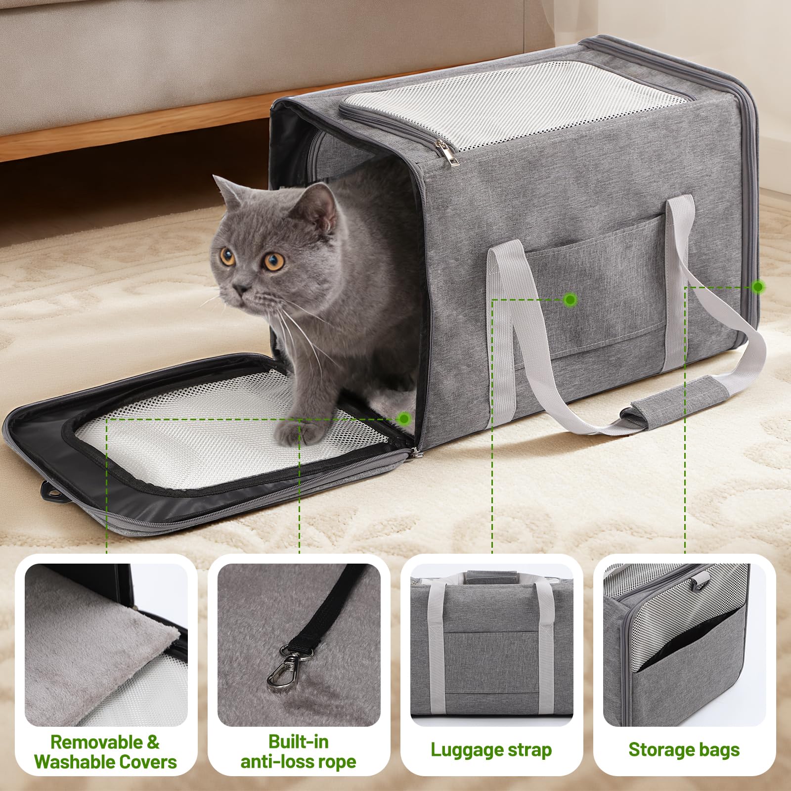 Cat Carrier, Expandable Pet Travel Carrier, Airline Approved Soft Sided Cat Travel Bag with Safety Belt，Adjustable Carry Handle & Shoulder Strap, Portable Cat Bag for Small Pet Dog Kittens - image 5