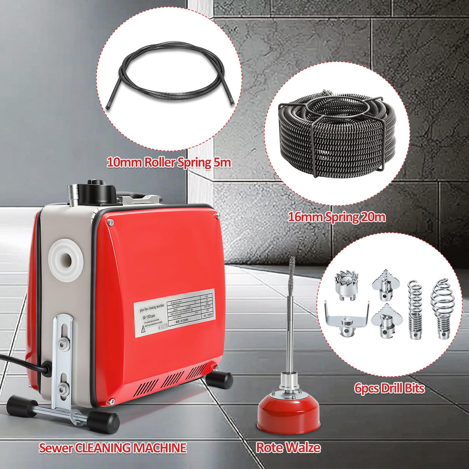 Elektryczna maszyna do czyszczenia rur 500 W, 16 mm, 20 m + spirale Ø 10 mm, 5 m, 6 głowic, urządzenie do czyszczenia rur 400 obr./min, do rur Ø 20-120 mm, do rur
