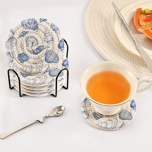 Vista 23 de Juego de 6 posavasos para bebidas con soporte, diseño retro de estrella de mar y estrella de mar, juego de 6 posavasos decorativos absorbentes