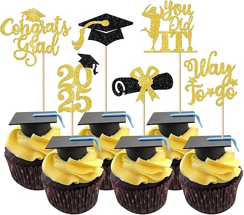 Miniatura 50 de Paquete de 24 adornos dorados para cupcakes de graduación 2025 con purpurina So Proud of You Done Diploma Graduation Cap Cupcake Picks Class of 2025