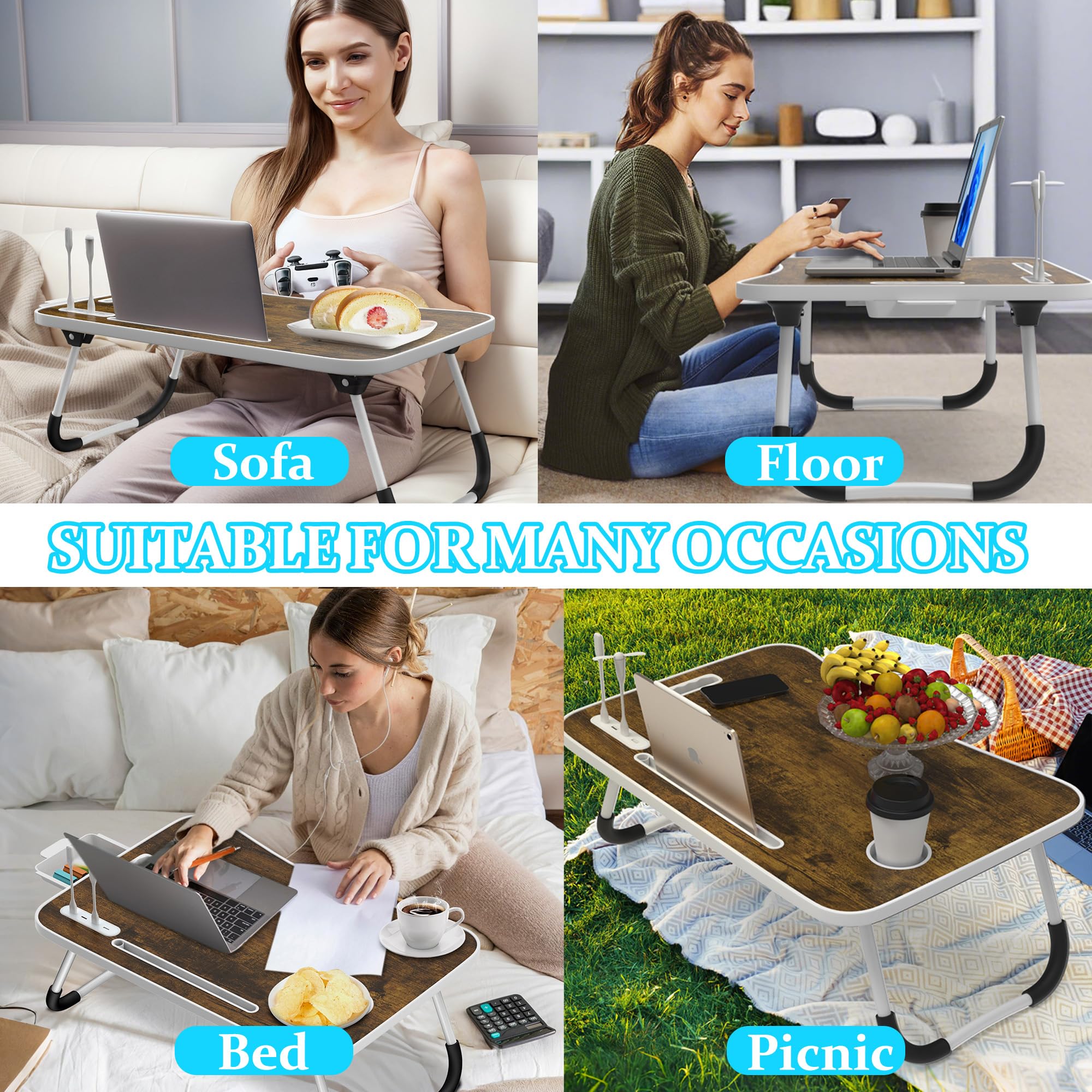 Soontrans Plateau de Lit 60x40x28 cm, Table de lit, Pliable, Support Ordinateur Portable Lit avec Tablette Support, Tiroir, Porte Gobelet, Poignée, pour Lit, Canapé, Sol, étude, Travail (Brun Foncé)