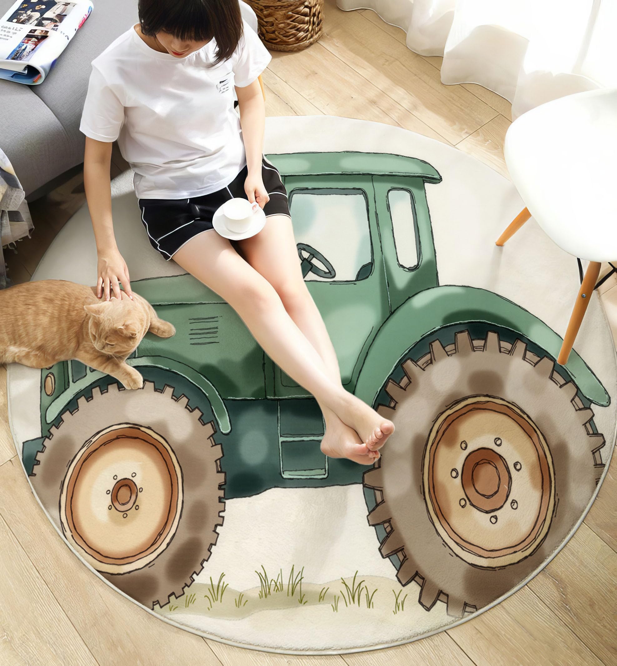 Waschbarer Teppich Rund Grün 100cm,Cartoon Traktor Teppiche Schlafzimmer - Kurzflor Aquarell Pastoral Runder Teppich Mit Rutschfester Unterseite Für Wohnzimmer Küche Kinderzimmer