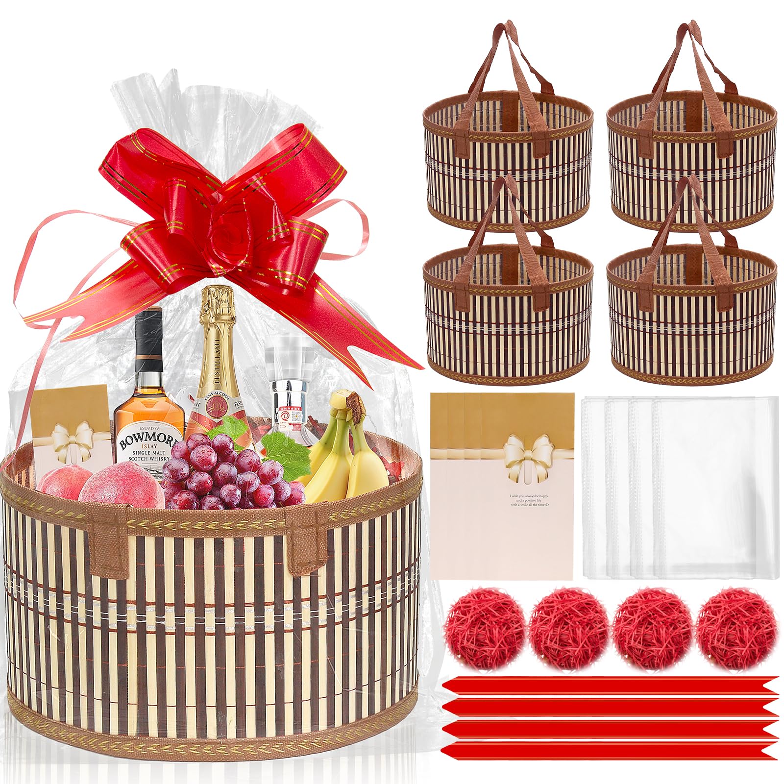 Gift Baskets, Set of 4 Empty Bamboo Woven Gift Basket with Wrap Bag, Pull Bow, Raffia Greeting Card - Round Basket for Birthday, Shower, Housewarming-image-23