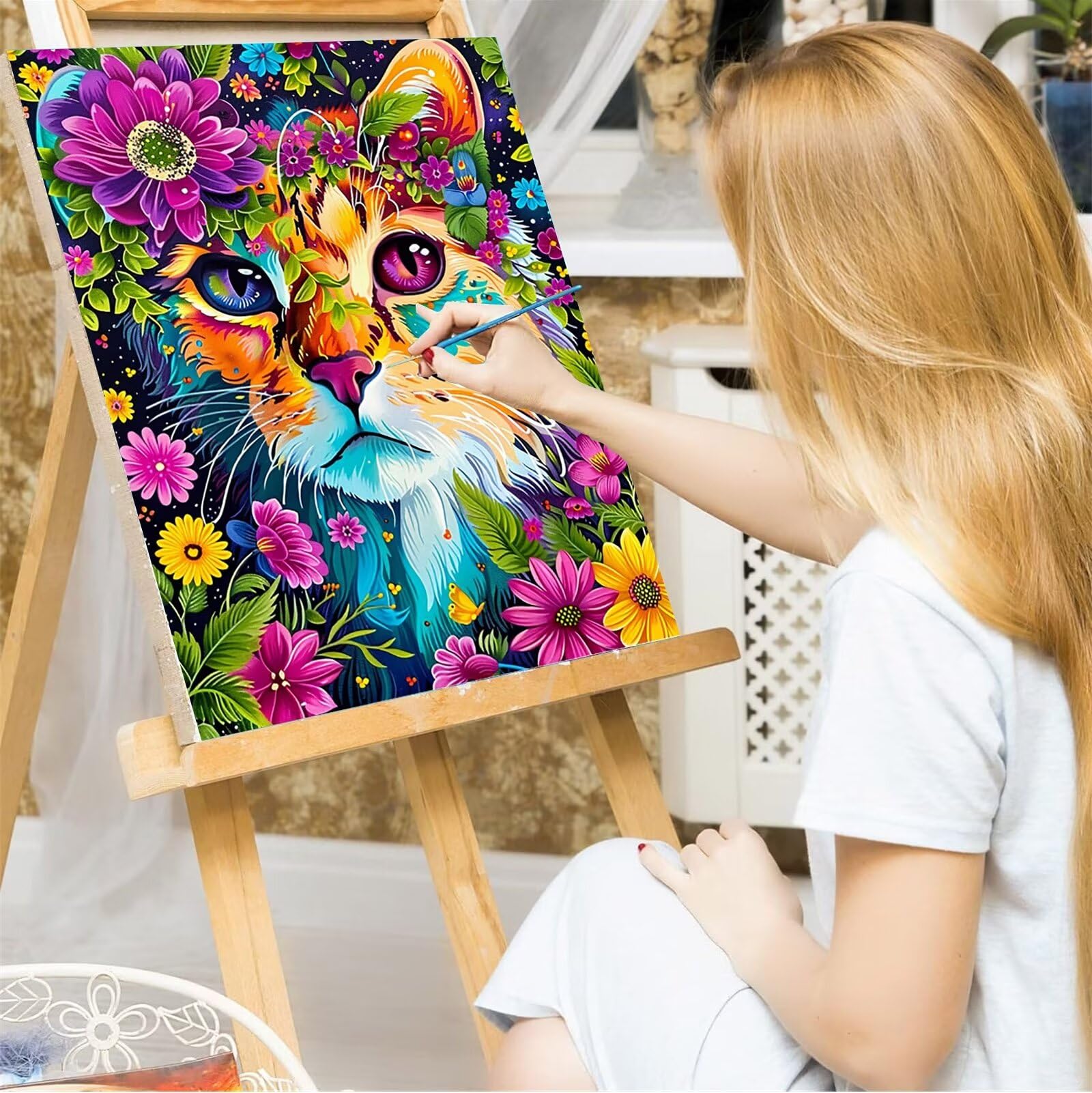 Malen nach Zahlen Kinder ab 7 8 9 10 Jahre Mädchen, Malen nach Zahlen Erwachsene Malen-Nach-Zahlen Kinder Teenager Kreatives fürGeschenkideen Malen nach Zahlen Katzen Blumen 60x80cm (mit Rahmen)