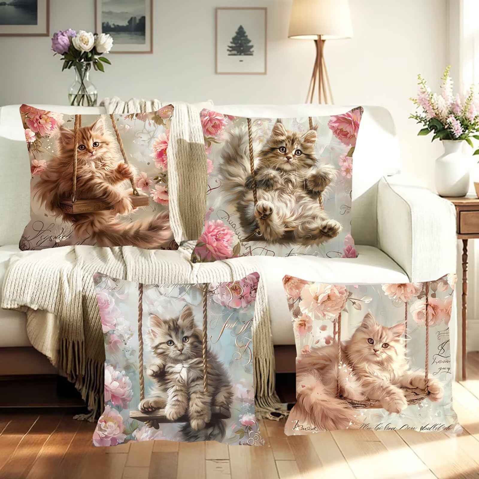 Lot de 4 Housses de Coussin Canapé 55x55cm Décoratives Double Face Taie d'oreiller en Velours Balançoire Coussin Carré Chat Taie d'oreiller pour Chambre, Bureau, Salon Canapé Voiture Ferme F0P-640