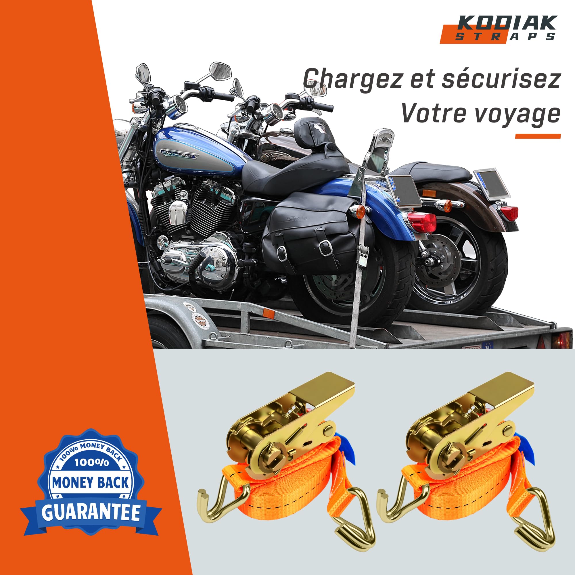 10 Lots de Sangles à Cliquet 4m x 1000kg avec Crochets - Sangles d'Arrimage 25mm Orange pour la Sécurisation des Chargements - Certifié TÜV/GS DIN en 12195-2 - KODIAK STRAPS