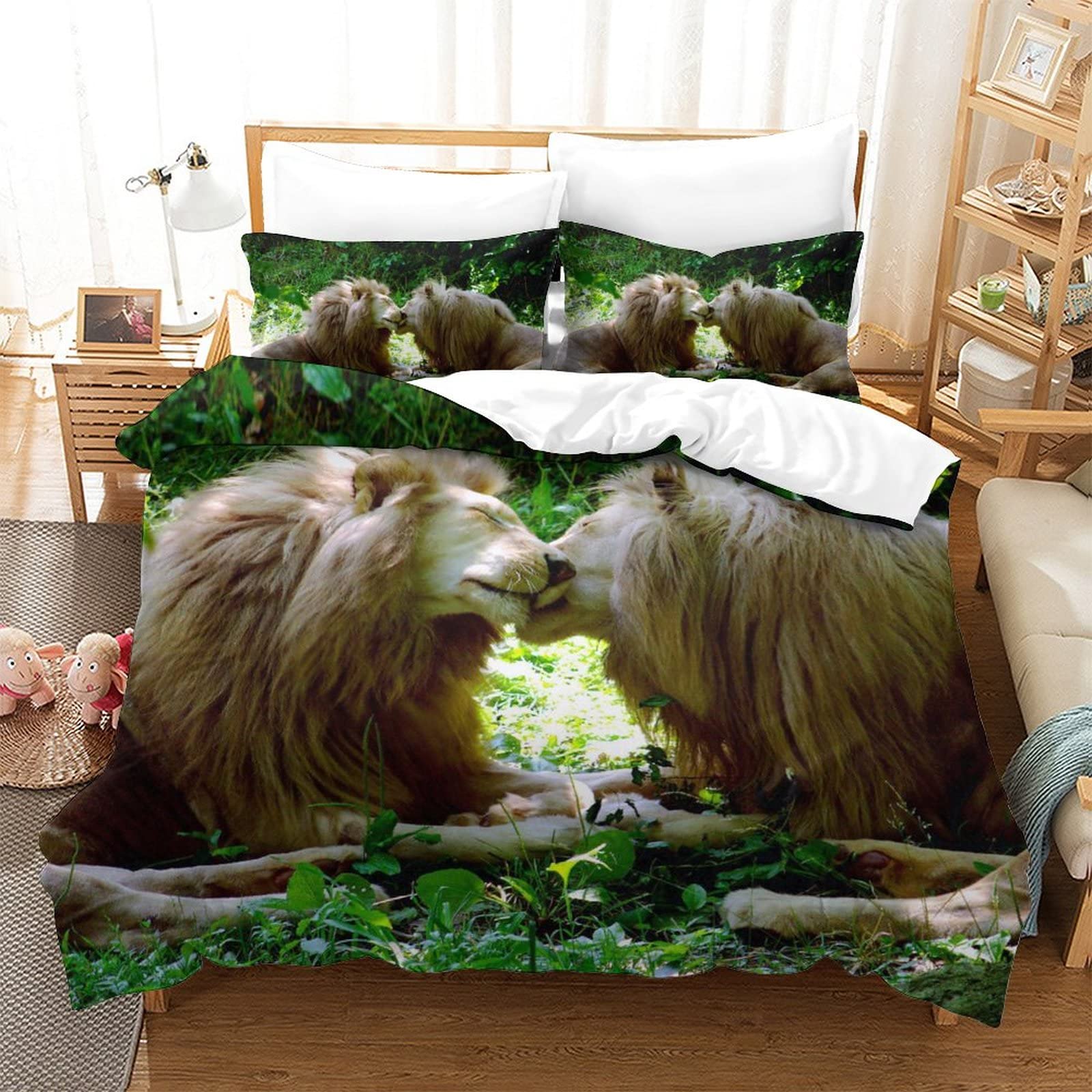 Housse de couette imprimée en 3D lion 200x200cm en microfibre ultra douce 3 pièces