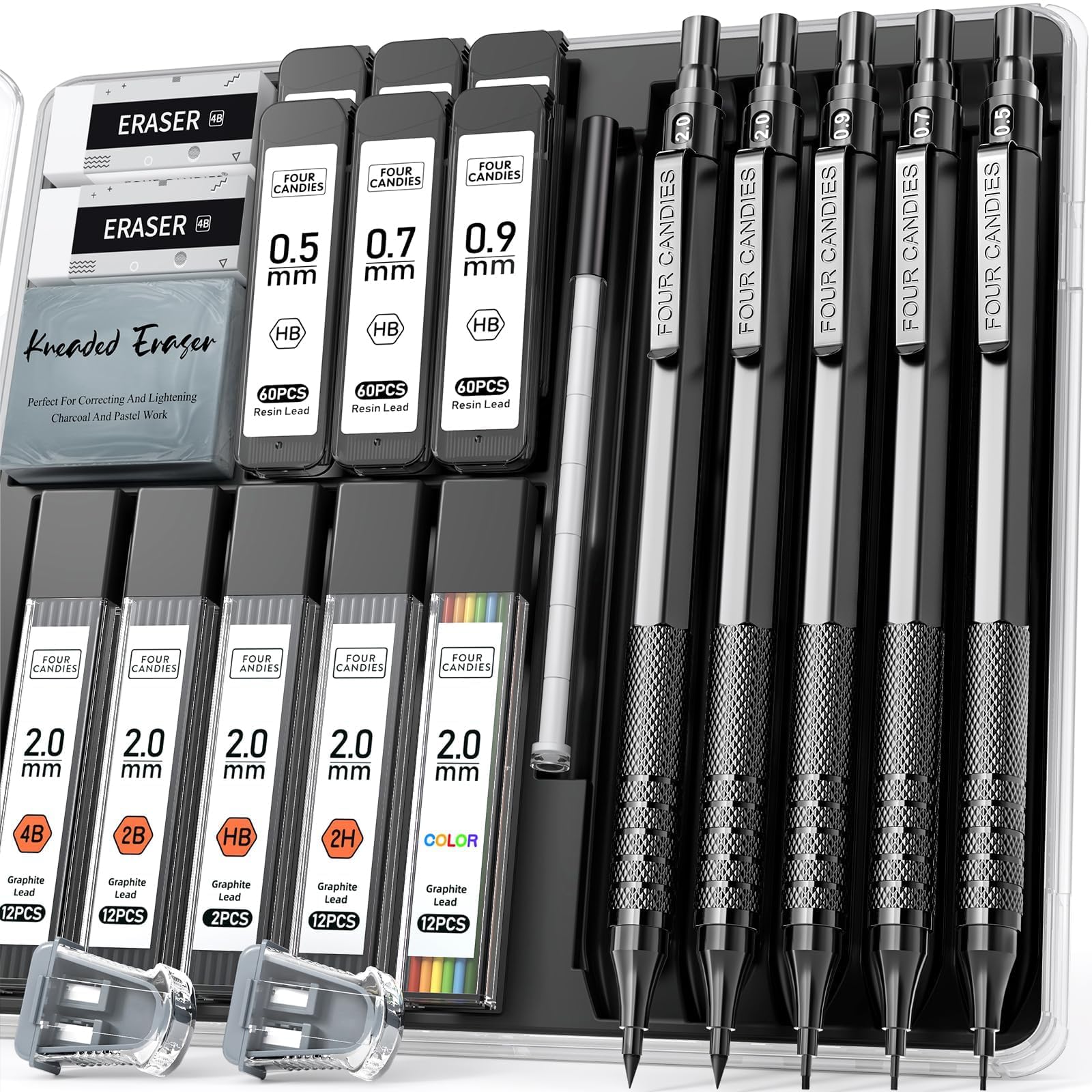 Four Candies Metal Mechanical Pencil Set, 3PCS Art Drafting Pencils 0.5, 0.7, 0.9MM & 2PCS 2MM Mechanical Drawing Pencils with 420PCS Leads (4B 2B HB 2H Color) for Writing Sketching Drawing (Black) - Black
