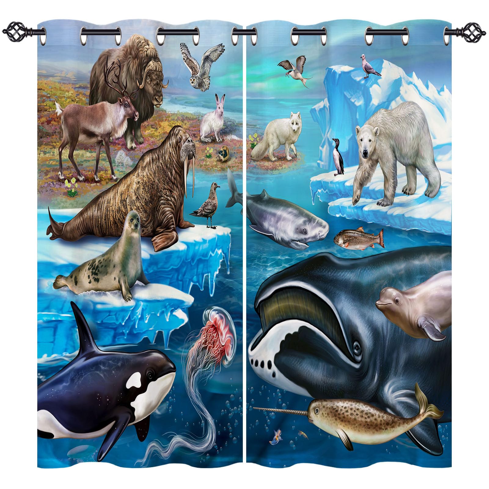 ANHOPE Arctic Animal Curtains Eyelet Ring Top Blackout Thermal Insulated Curtains Ocean Whale Dolphin Bear Bird Fish Print Pattern Soft Window Drapes for Bedroom Living Room 30 x 63 Inch 2 Panels โ image 1