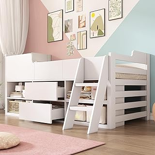 LTGB Bunk Bed for Kids, 3ft Single Children\'s Cabin Bed Mid Sleeper Bed Frame Storage Kids Wooden bed with Drawers Shelf Storage Low Sleeper Bed -(90 x 190 cm) Frame Only (White)