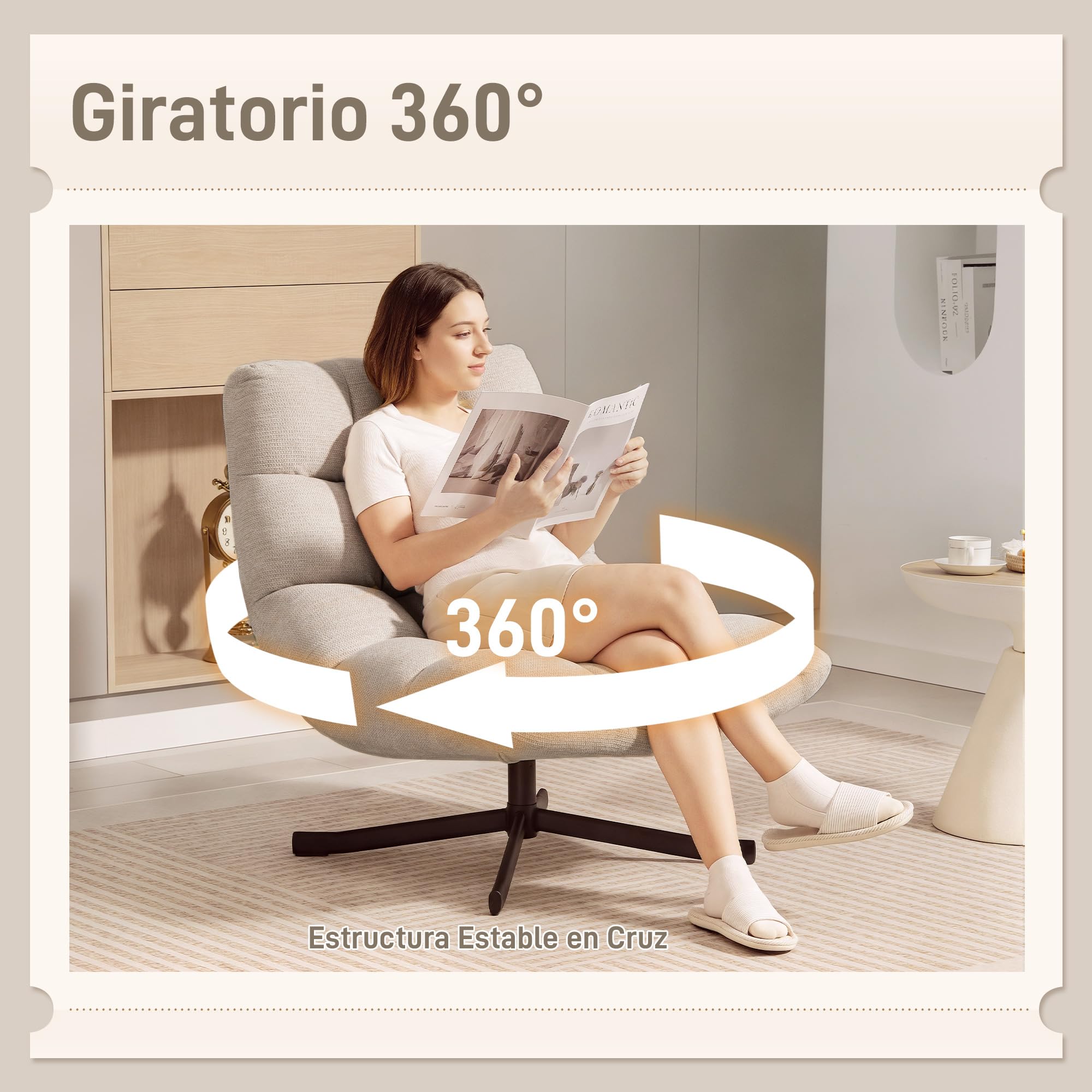 HOMCOM Sillón Giratorio Moderno, Butaca de Salón con Respaldo Plegable, Base de Cruz, Tapizado en Chenilla Impermeable, Asiento Extra Ancho y Patas de Acero, para Sala de Estar, Dormitorio, Crema