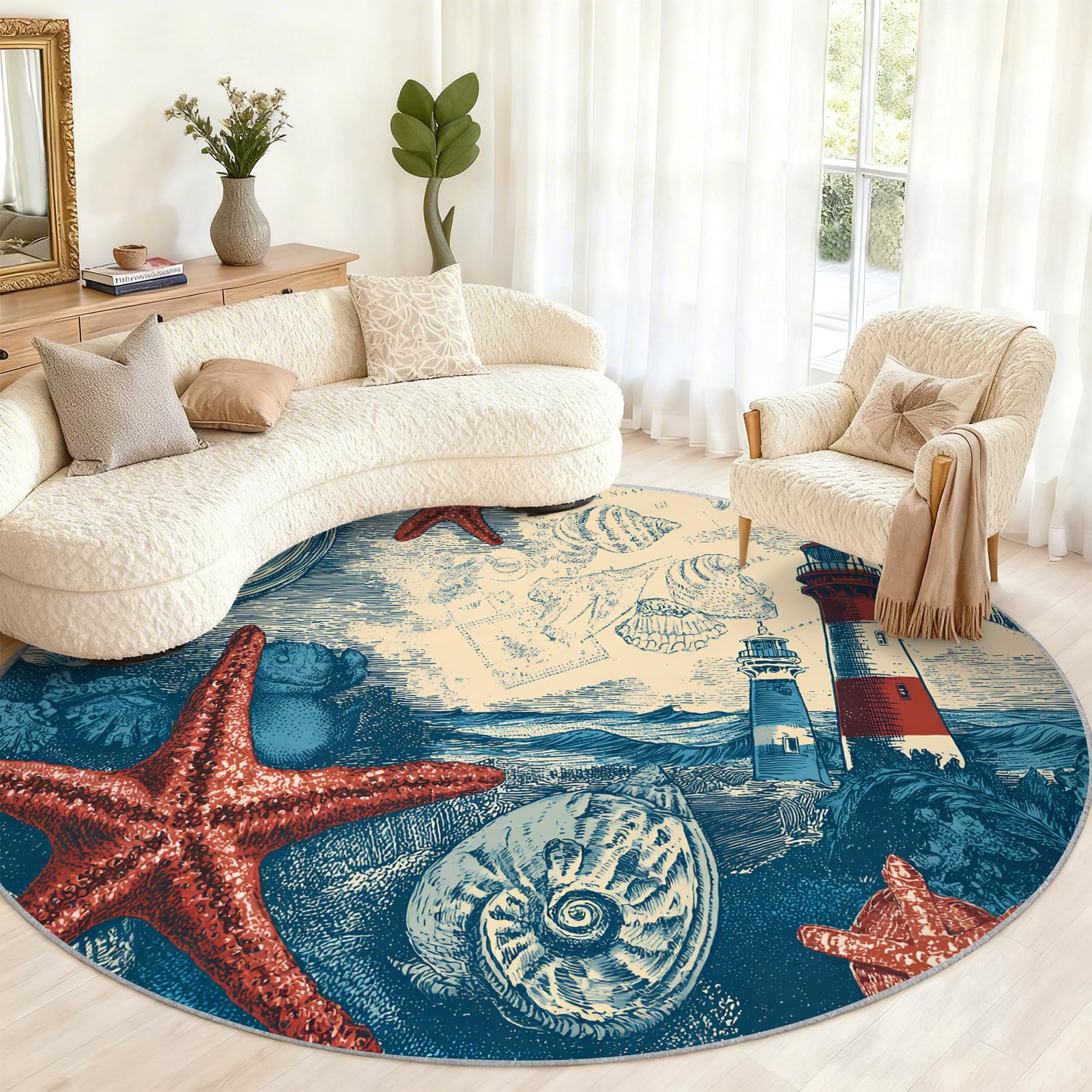 Tapis rond nautique antidérapant et lavable de 2m avec motif phare vintage