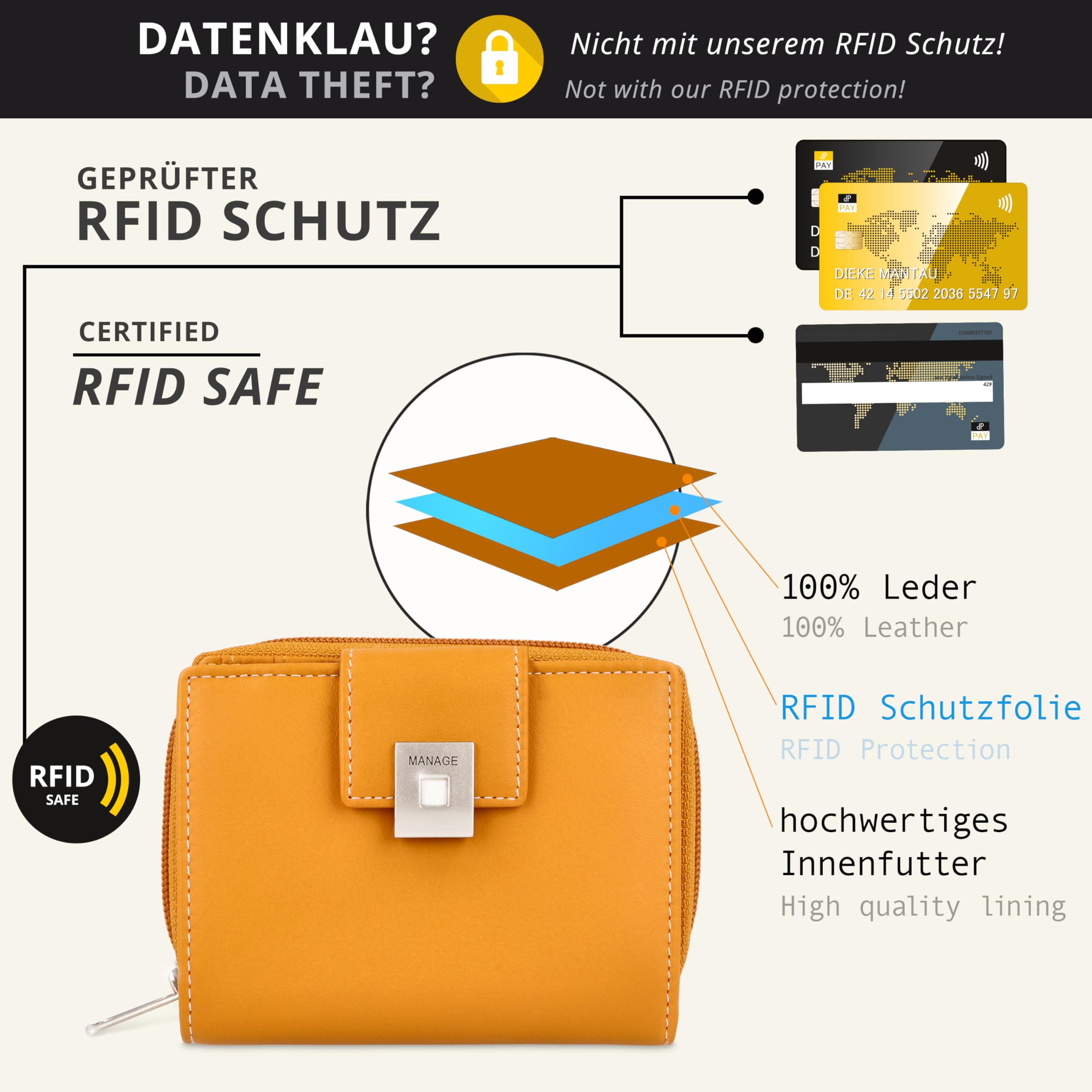 MANAGE Premium Geldbörse Damen Gelb - RFID NFC Schutz - Geräumiges Echtleder Portemonnaie Frauen mittelgroß - Leder Geldbeutel viele Fächer mit Reißverschluss (Gelb)