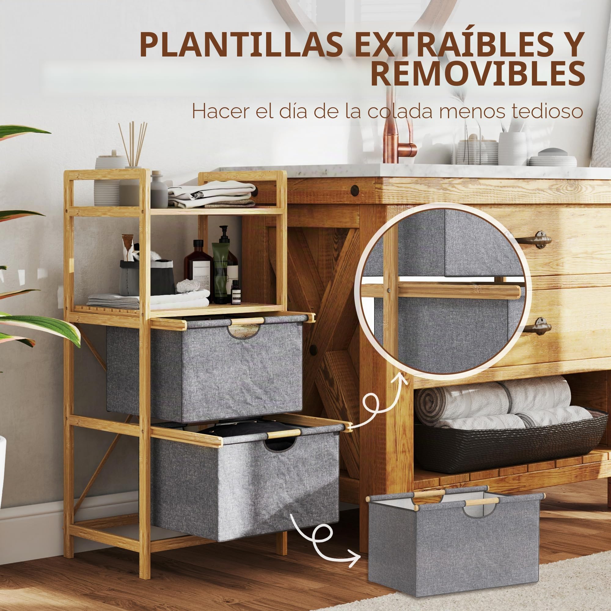 HOMCOM Cesta de ropa 35,4 L con 2 cestas de tela, con asa, Natural | Cesto para ropa, estantes abiertos, caja de ropa, para baño, bambú.