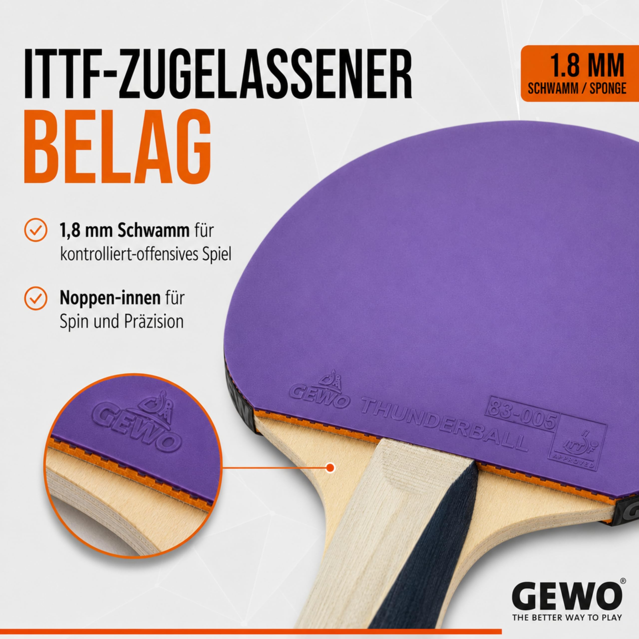 GEWO PS Blast Control - Raqueta de Ping Pong de Mesa Profesional aprobada por la ITTF con Revestimiento Thunderball 2 controlado y Altas propiedades de rotación, cóncava, Esponja de 1,8 mm