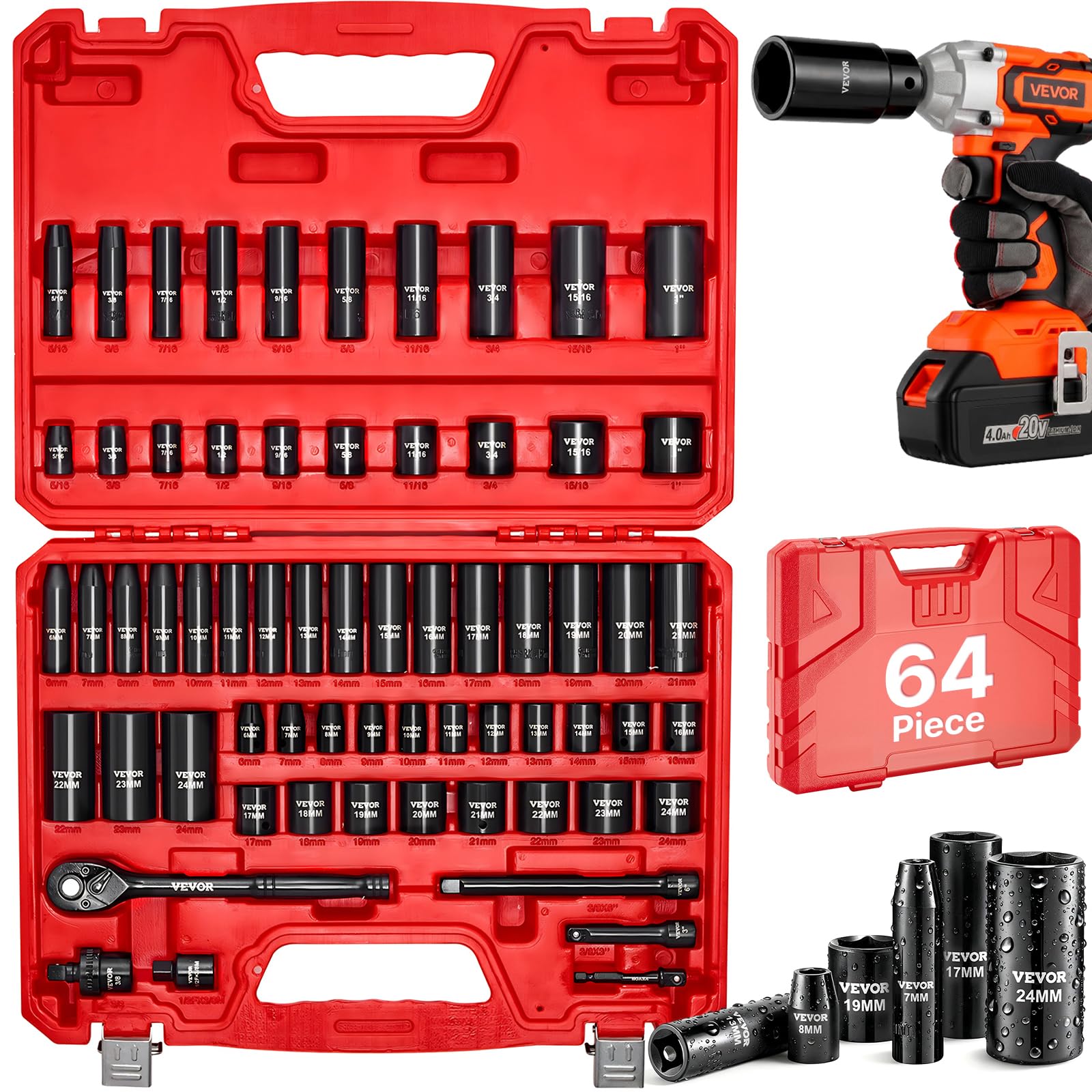 3/8" Drive Impact Socket Set, 64 Piece, Deep & Shallow Kit