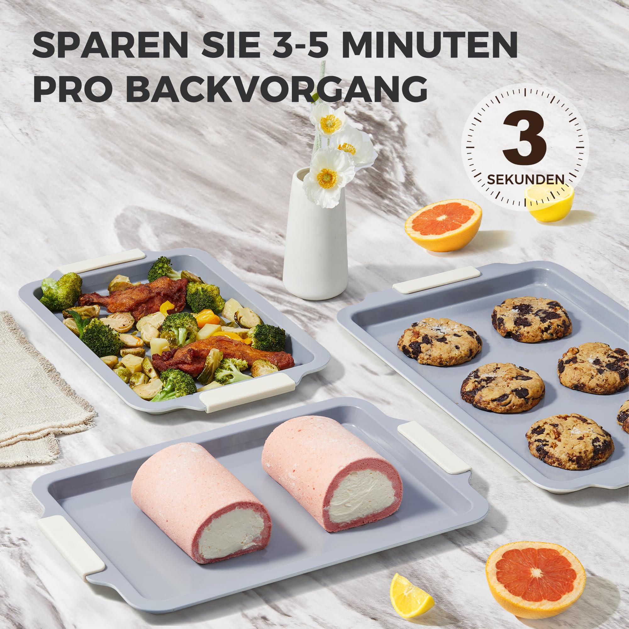 HONGBAKE 3-teiliges Backblech-Set (Viertel/Jelly Roll/Halb), Aluminium-Stahl mit Keramik-Antihaftbeschichtung, stapelbar, hitzebeständig bis 260 °C, PTFE- & PFOA-frei, mit abnehmbaren Silikongriffen