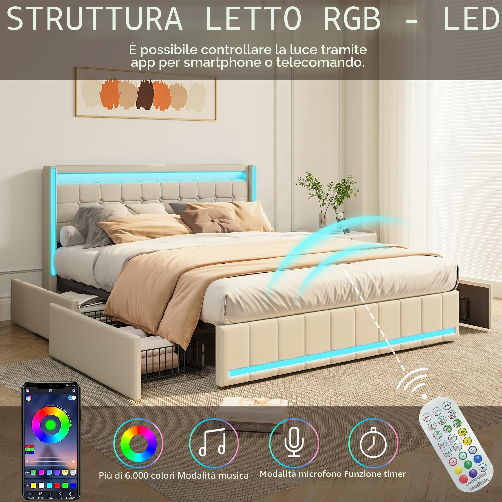 KeepGoon Letto matrimoniale 160 x 200 cm, letto imbottito con luci a LED, 4 cassetti in ferro e una porta di ricarica USB, telaio letto, tessuto di lino (beige)