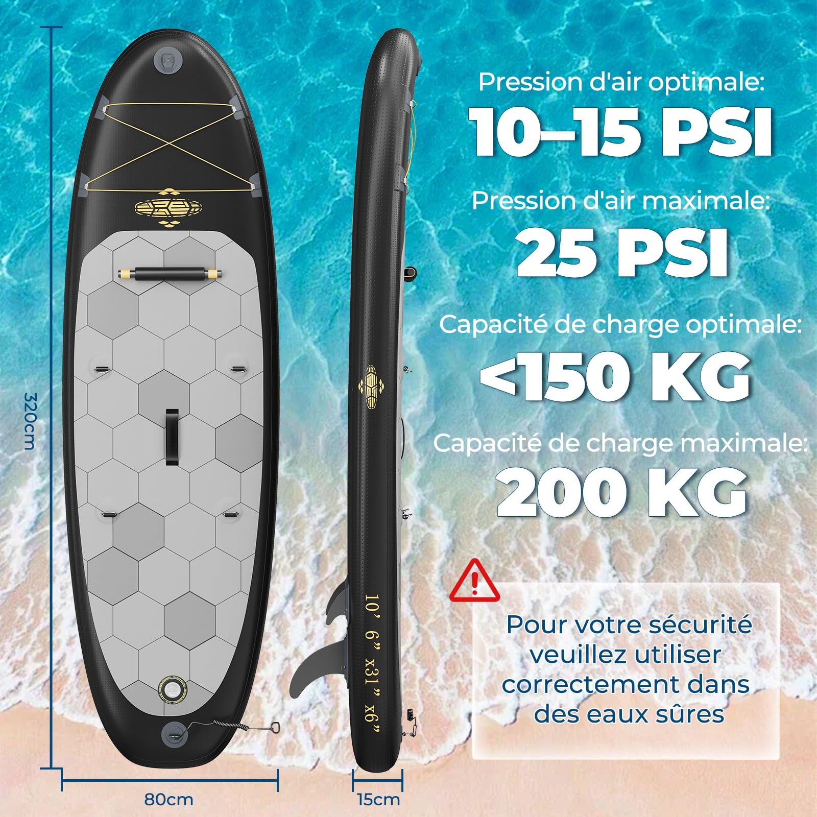 Devoko Planche de Paddle Gonflable Adulte 320cm, Sup Gonflable 2-en-1 avec Siège & Accessoires, 130kg Charge Max - Idéal pour Surf, Pêche, Yoga