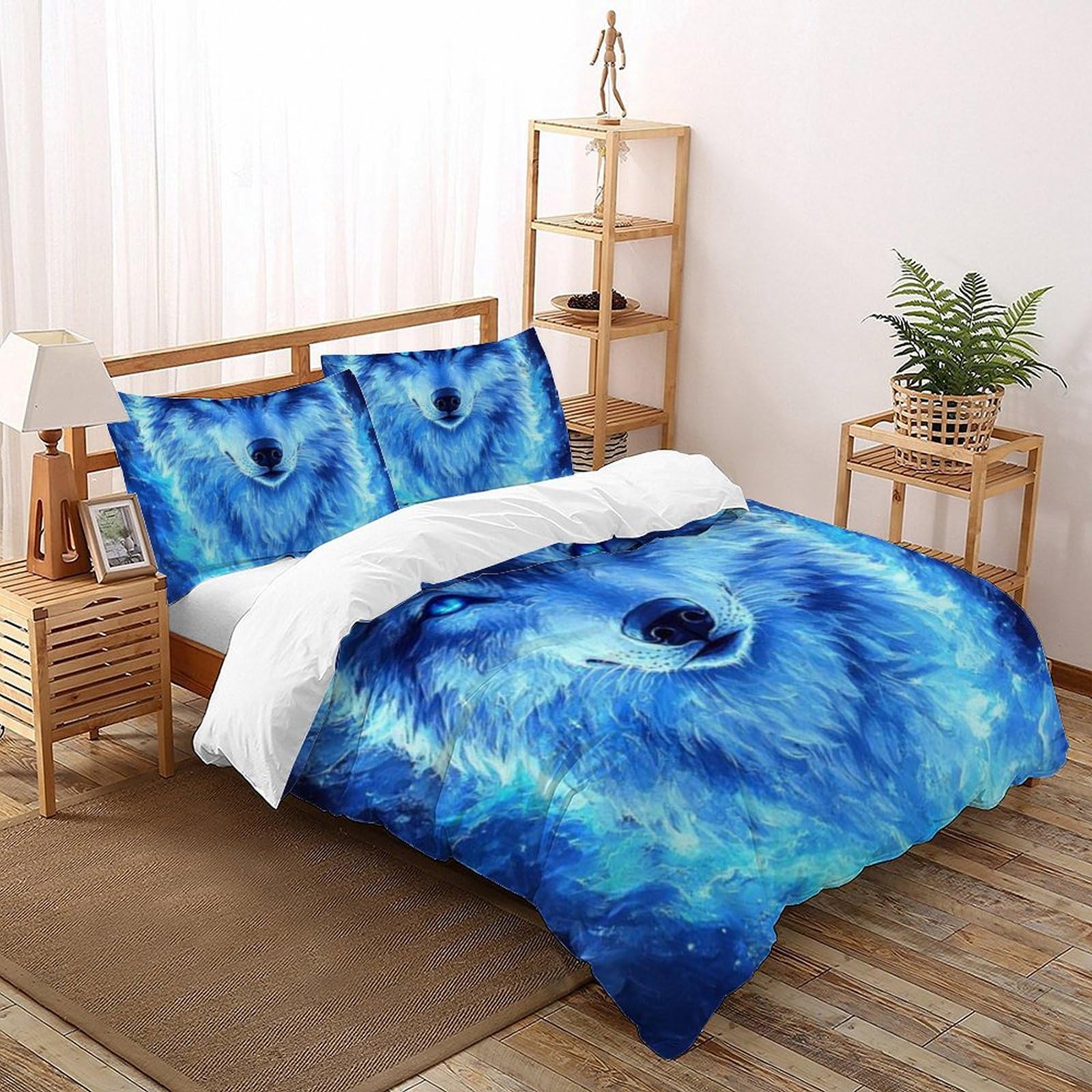 Housse de couette 260x220 animaux 3D avec taie oreiller parure lit enfant microfibre loup de feu
