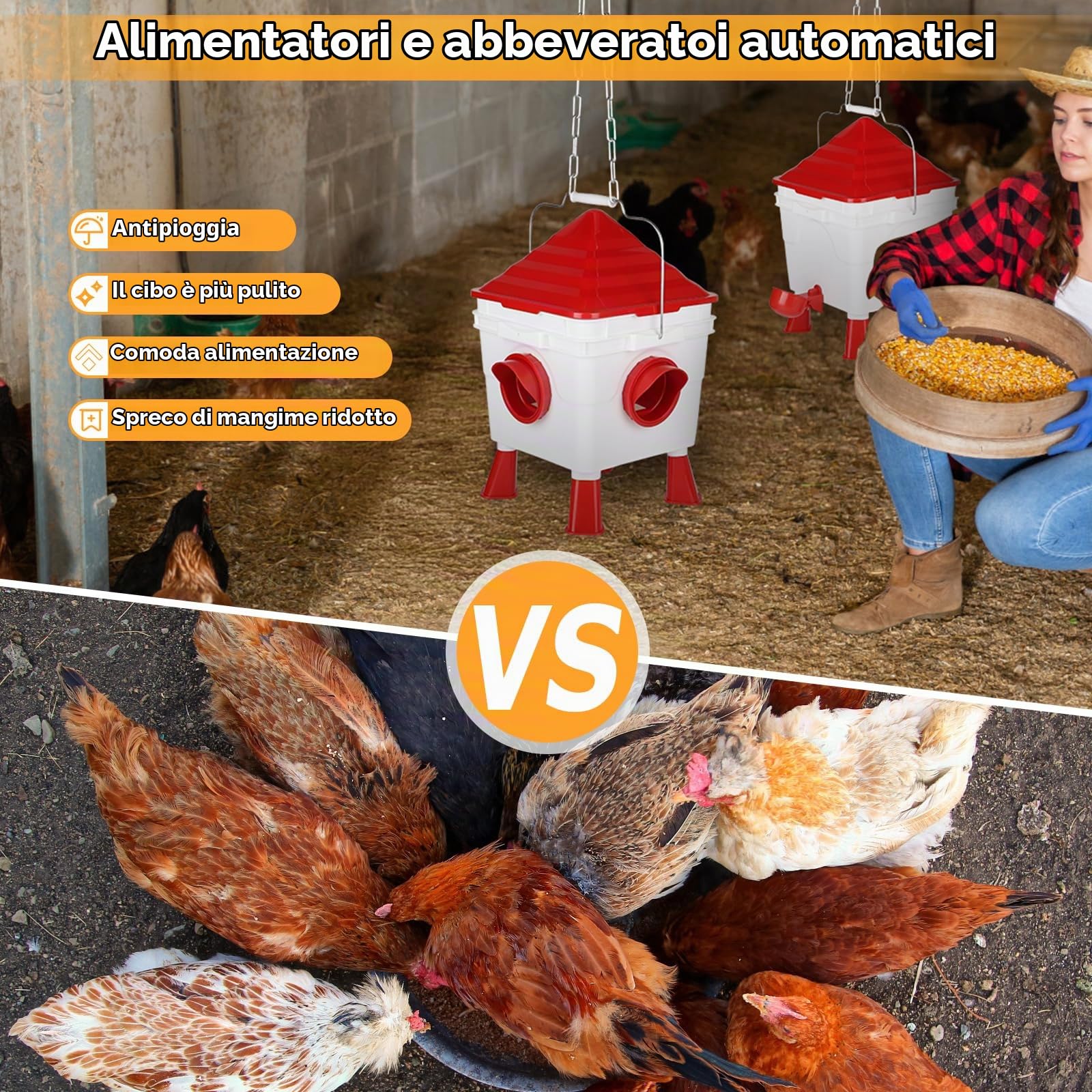 EFUTURETIME Abbeveratoio per Galline Capacità di 7L, Mangiatoia per Galline Capacità di 8KG, Antitopo Mangiatoia Galline Automatica con Catene in Acciaio