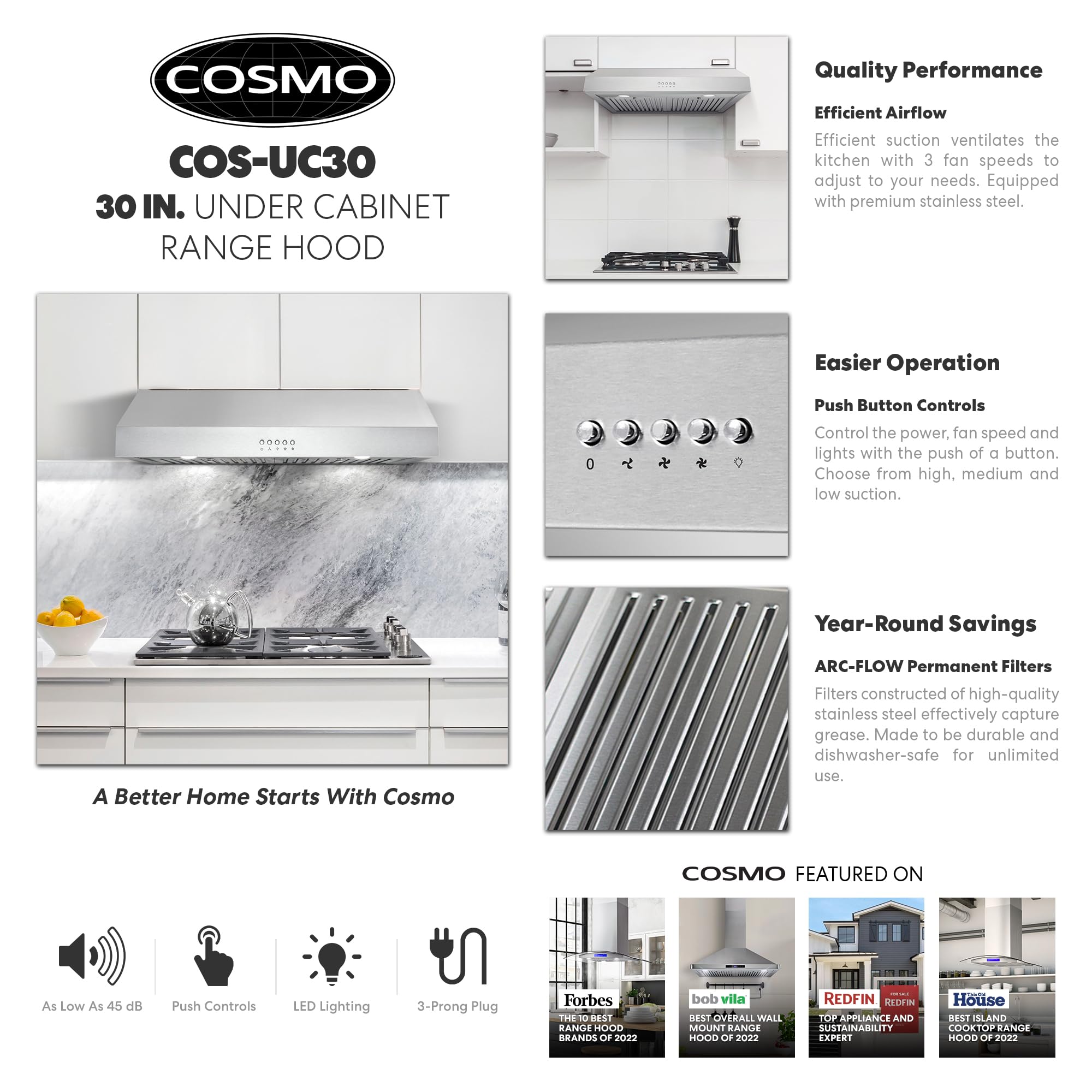 UC30 Campana extractora con conducto debajo del gabinete de 30 pulgadas, ventilación sobre la estufa, ventilador de 3 velocidades, filtros permanentes, luces LED en acero inoxidable, 30 pulgadas 3