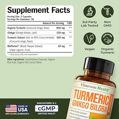 Vista 11 de Suplemento herbal de apoyo para la comodidad y alivio articulares, concentración, memoria, función cerebral y alerta mental de curcumina de cúrcuma
