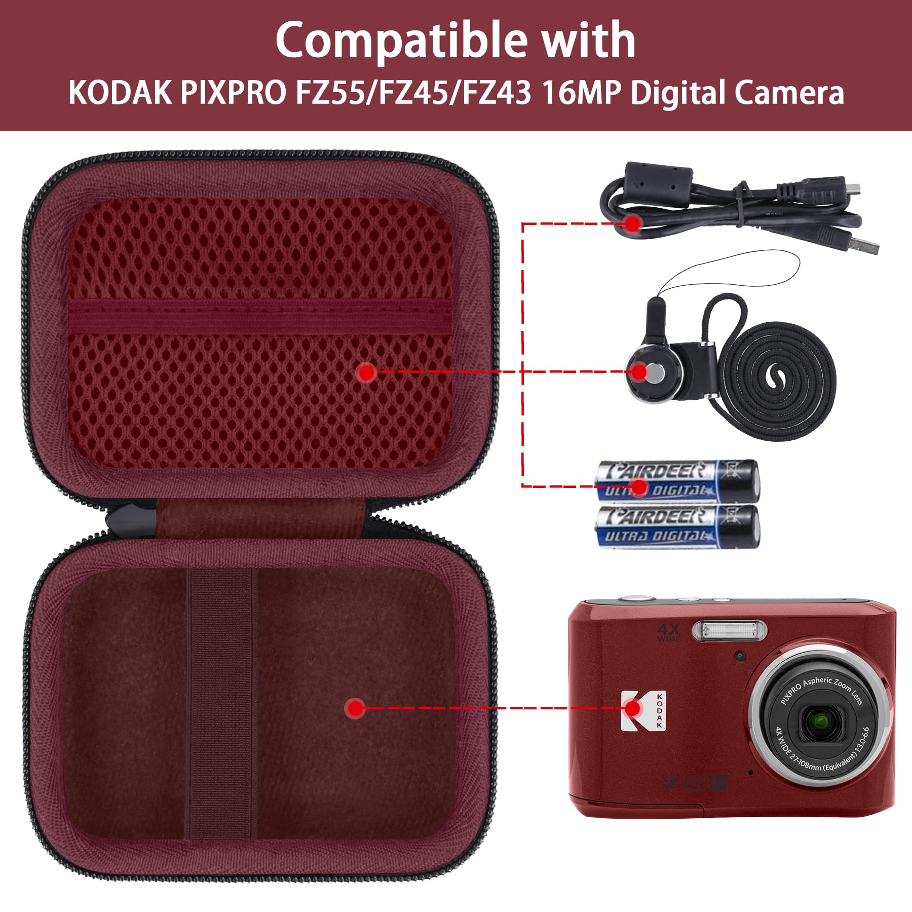 Khanka Do aparatu cyfrowego Kodak PIXPRO FZ55/FZ45/FZ43 16MP Twardy futerał do noszenia z uchwytem i paskiem na szyję, tylko etui, Czerwona