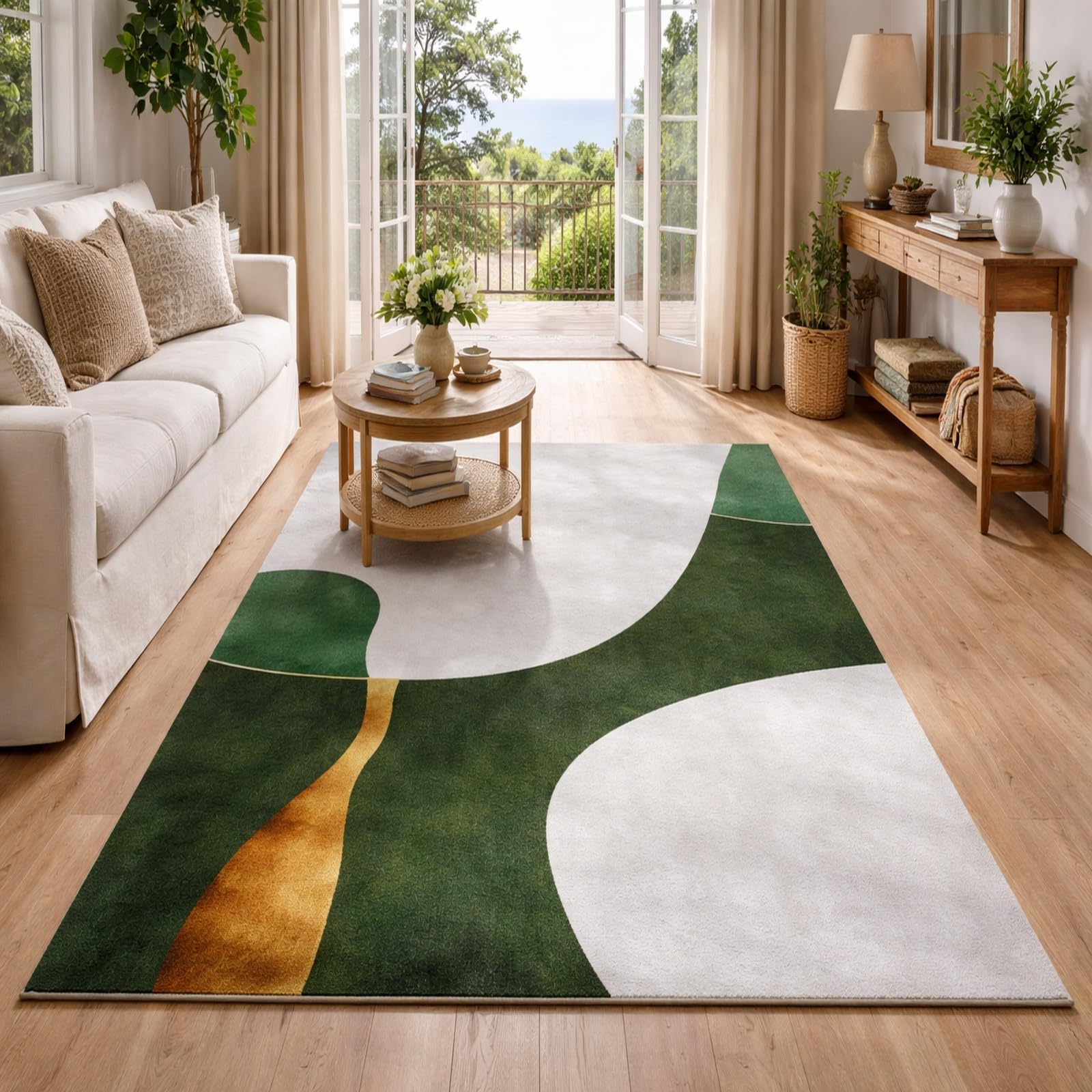 Descente de lit chambre adulte grand tapis abstrait vert gris 200x300