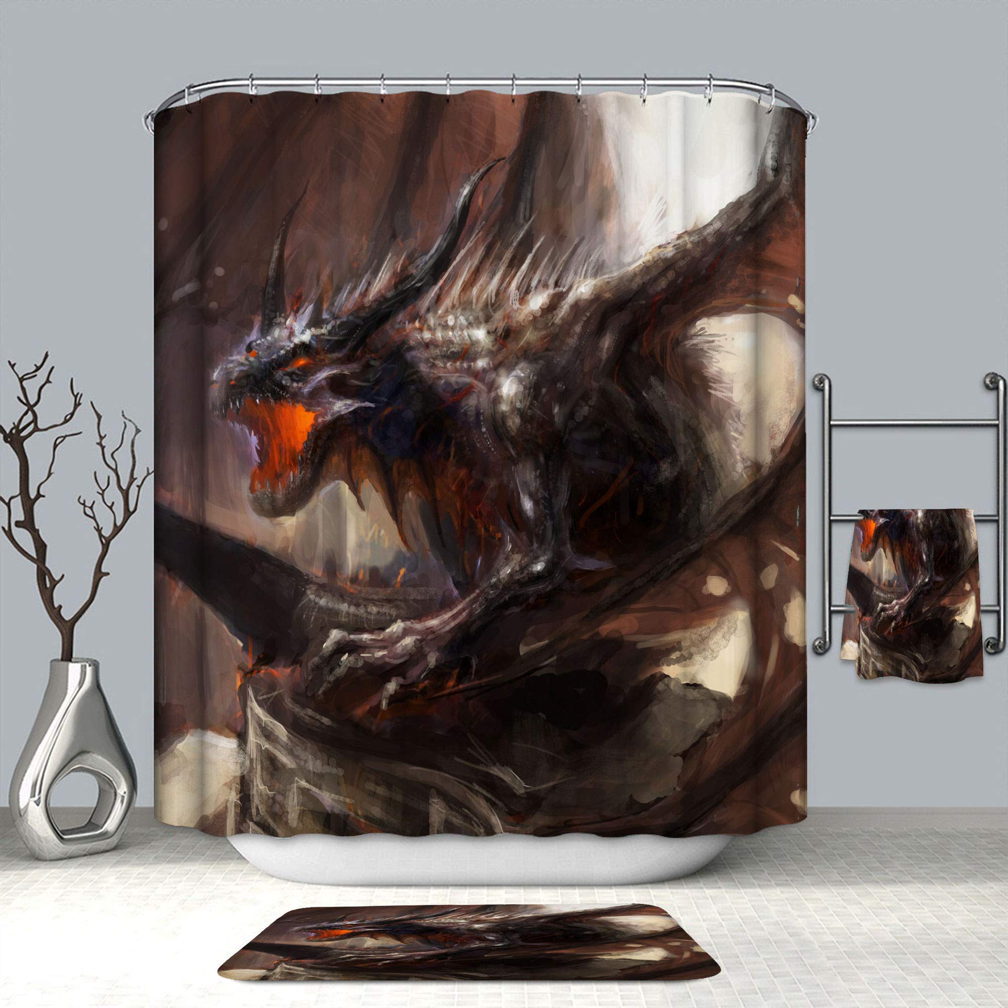 Chickwin Dragon Shower Curtains Mould Proof Waterproof Washable Curtains with 12 Hooks Creative 3D Printed Dry Quickly Polyester Shower Liner Bathroom Decor (Evil dragon,180x200cm)
