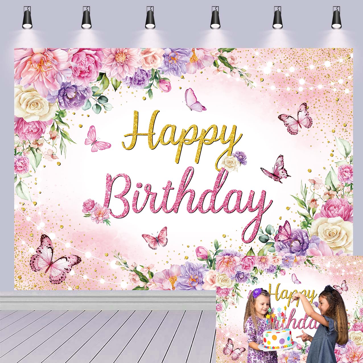 Happy Birthday Backdrop for Women Girls Pink Purple Floral Butterfly Photography Backdrop Glitters Rose Watercolor Flower Birthday Party Decorations