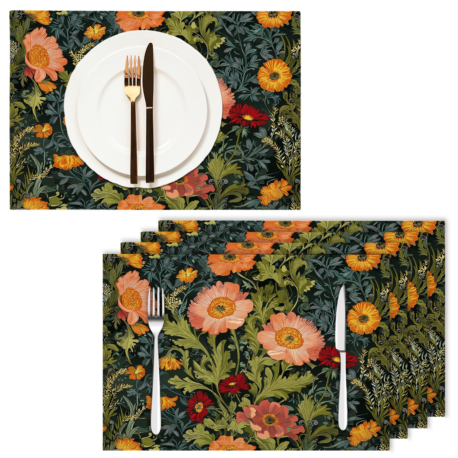 Set di 8 Tovagliette Americane Lavabili Cotone Lino Fiori Squisiti - Tovaglietta Americana Stoffa Resistenti al Calore Durevole Margherita Rampicante- per Colazione Pranzo