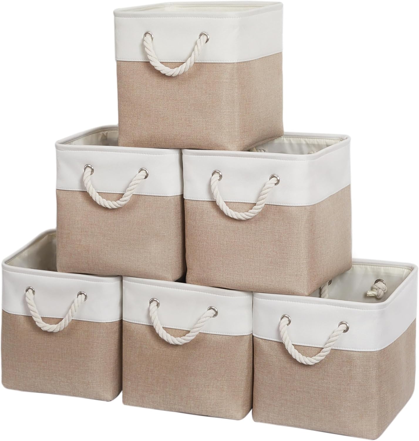 11 x 11 Inch Storage Cubes, 6 Pack Large Collapsible Fabric Storage Bin with Ropes, Foldable Storage Cubes for Home, Office,Closet, Clothes, Toys Organizer (White&Beige) 11 x 11 Inch Storage Cubes, 6 Pack Large Collapsible Fabric Storage Bin with Ropes, Foldable Storage Cubes for Home, Office,Closet, Clothes, Toys Organizer (White&Beige)